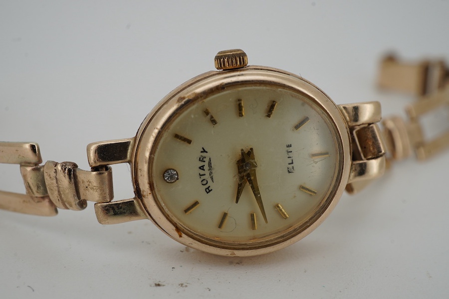 A lady's gold Rotary Elite quartz wrist watch, case width 1.6cm excluding winder, bracelet length 14.5cm, stamped 375 and 9K GOLD, European convention assay marks for 9ct gold, gross weight 12 grams